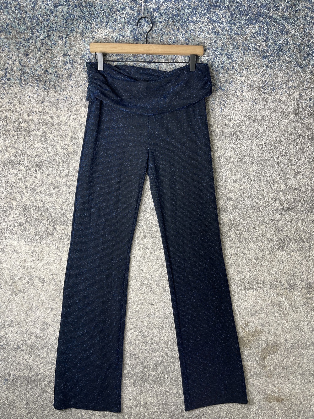 I AM GIA Pants Womens Large Navy Blue Jannis 2.0 Metallic Sparkle Flare Yoga